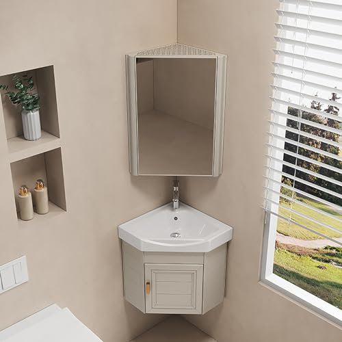 Genérico Lavabo de baño Compacto, Mueble de baño de Esquina con Lavabo, combinación de Lavabo de baño de Esquina, con desagüe de Grifo de Agua fría y Caliente, Juego de gabinete montado en la Pared p