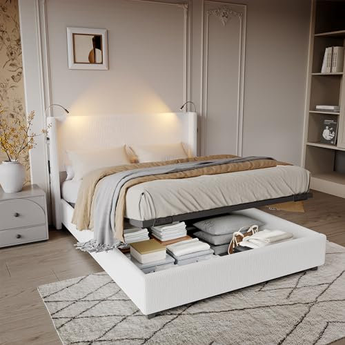 PerGar Bett 140x200 cm mit Stauraum und Kopfteil, Hydraulisch Stauraumbett, Polsterbett Doppelbett mit Leselampe, Funktionsbetten Bettgestell, Jugendbett, Ohne Matratze, Cord, Weiß