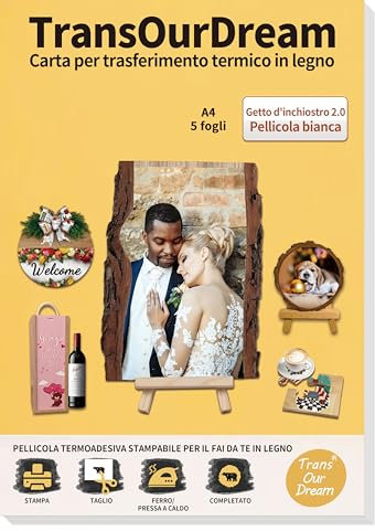 TransOurDream Tessuto di Cotone 5XA4+1, Pellicola di trasferimento in Legno per stampanti a Getto d'inchiostro, stampabile con Carta da Stiro su Legno (Pellicola Bianca)