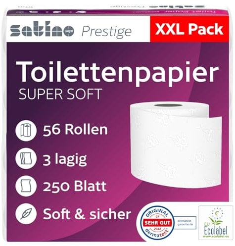 Toilettenpapier 3-lagig - 56 Rollen – 250 Blatt - extrem weich – hochweiß – Made in Germany – Klopapier mit Blumenmuster – Großpackung WC Papier - Satino