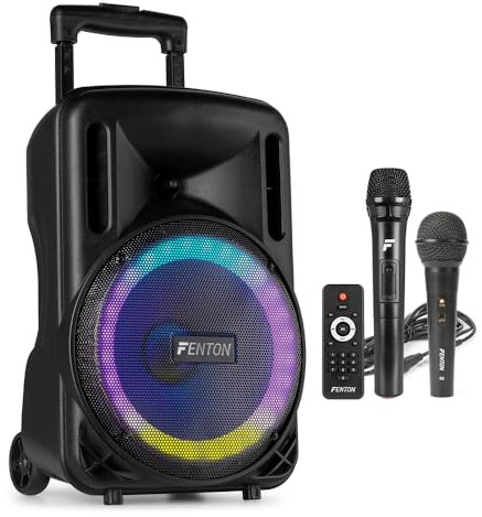 Fenton FT10LED MK2 10 Portable Battery Powered PA Speaker System with Bluetooth, LED Lights, Wireless & Wired Microphones - 450W Rechargeable Outdoor Sound System for Karaoke & Events