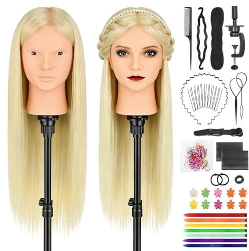 TwoWin 66cm Tête Mannequin Coiffure 80% Cheveux Naturels | 26 pouces Tête à Coiffer avec Pince de Table + Kit Tressage - Idéal pour Salon, École et Pratique Maison (Blanc Perle)