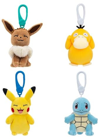 Pokémon Clip on 10cm Plüsch - Pikachu, Eevee, Squirtle, Psyduck - Offizielle Pokemon verstopfte Spielzeug für Kinder 2+