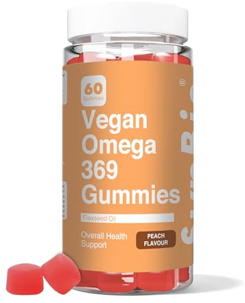 SynBio Vegan Omega 3-6-9 Gummies | Plant Based 400mg Flaxseed Oil | Vegan, Gelatin Free, Halal & Kosher | 60 Peach Flavour Gummies