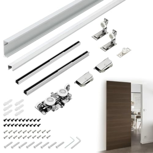 81,3 cm verdecktes Schiebetür-Hardware-Kit mit Absenkautomatik für 61-71,1 cm große Türen, Wandmontage, ohne Boden, Aluminiumschiene für Holztüren, versteckte Scheunentür-Hardware-Kit (Tür nicht im