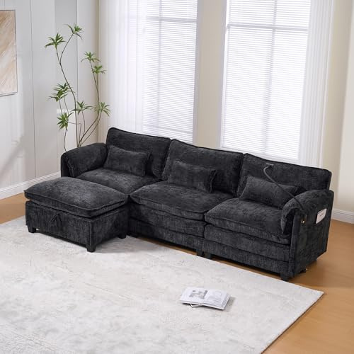 Ligterra Eckcouch mit Schlaffunktion, l Sofa mit Schlaffunktion, Cordstoff Sofa mit USB-Anschluss, Seitentasche, Handyhalter und Modularen Hockern, für Wohnzimmer, Schwarz 279x83x85 cm