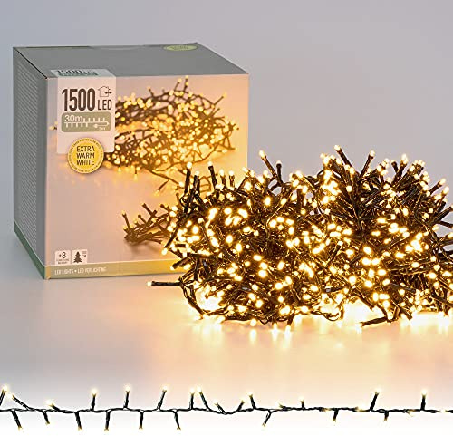 ECD Germany LED Cluster Lichterkette Extra Warmweiß 1500 LED 30m 8 Programmen, IP44, für Innen und Außen, Clusterlichterkette Büschellichterkette Weihnachtsbaum Weihnachtsbeleuchtung Deko Weihnachten