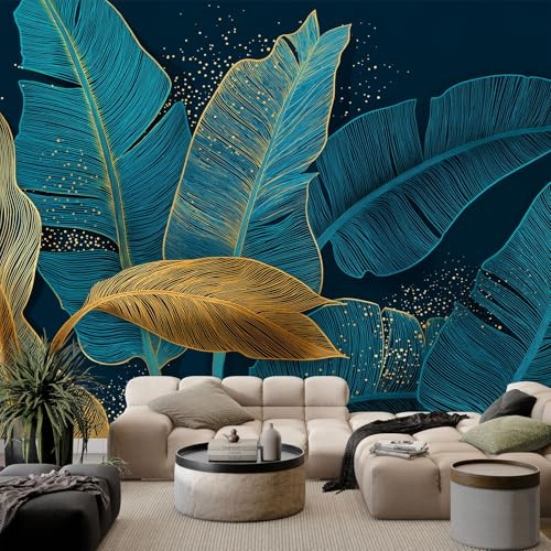 WHUOEUCO Papier Peint Murale 3D feuilles de bananier bleues et dorées 400x280 cm Papier Peint Panoramique Intissé Décoration Tapisserie Murale Moderne, pour Chambre Salon Mur de Fond TV