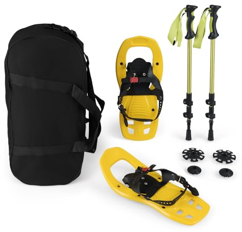 GYMAX Juego de Raquetas de Nieve, Raquetas Ligeras con Bastones Ajustables de Aluminio, Antideslizantes, con Bolsa de Transporte, Equipo de Montaña para Caminar en la Nieve para Niños