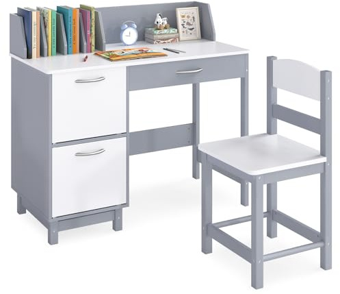 COSTWAY Kids Desk and Chair Set, Wooden Student Study Table with Drawer, Storage Cabinets & Tabletop Bookshelf, Children Writing Table Chair Set for 3-8 Years Old Boys & Girls (Grey+White)