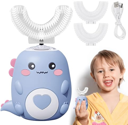 RNPKZ Brosse à dents électrique, pour enfants, garçons et filles, en forme de U, avec 3 têtes de brosse en silicone, étanche IPX7, pour enfants de 2 à 12 ans, bleue