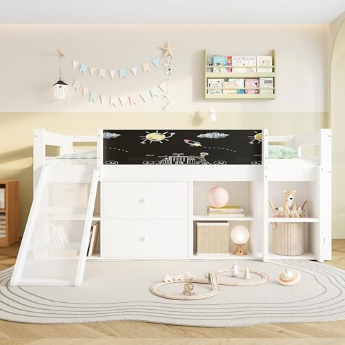 Merax 3ft Single Wooden Mid Sleeper Bed Frame with Storage Drawers & Shelves, Reversible Ladder, Space-Saving Cabin Bed for Bedroom Use, White (No Mattress)