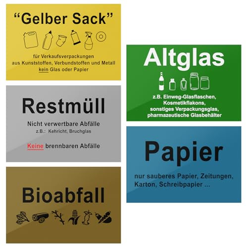 Mülleimer Aufkleber Mülltonnenaufkleber für Mülltrennung - Wetterfest Beschriftung für Aufkleber Mülltonnen, Müll Aufkleber für Gelber Sack, Rest Müll, Altpapier, Biomüll, Glas, Müllsticker (5 Stück)
