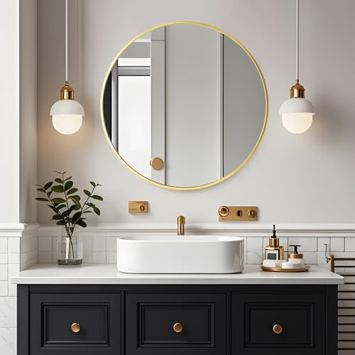 Gold Runder Badezimmerspiegel 70cm mit gebürstetem Metallrahmen | HD-Glas Wandspiegel für Make-up, Bad, Wohnzimmer, Flur & Eingangsbereich