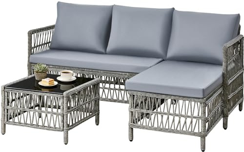 Acorn Living All-Weather Modular Rattan Garden Furniture Set, 4-Seater Garden Sofa with Chaise Lounge, Tempered Glass Table & Removable Washable Cushions for Patio, Yard & Balcony