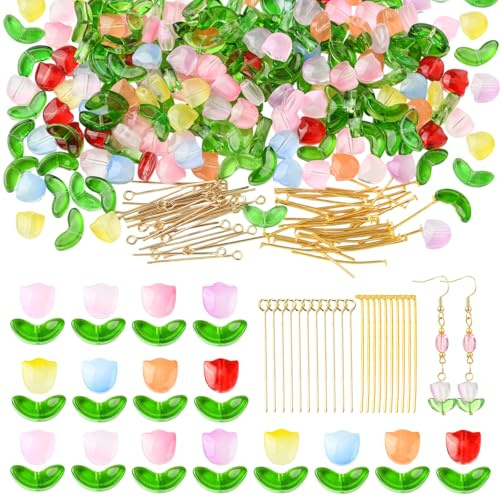 BEELYING 480Pcs Glass Flower Beads for Jewellery Making Cute Spring Tulip Leaf Beads Colorful Floral Spacer Bead for Bracelets Necklace Earrings with Gold DIY Crafts Supplies
