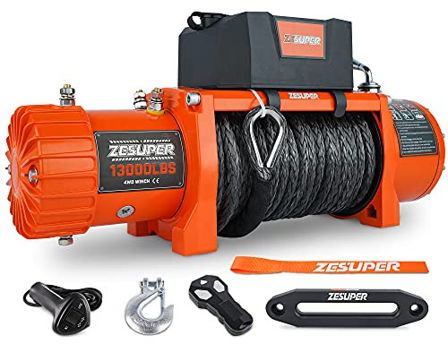 ZESUPER Elektrische Seilwinde 12 V mit 5896,7 kg Tragkraft, synthetisches Seil, wasserdichte Offroad-Winde für Jeep, LKW, SUV mit kabelloser Fernbedienung und kabelgebundener Steuerung (13.000