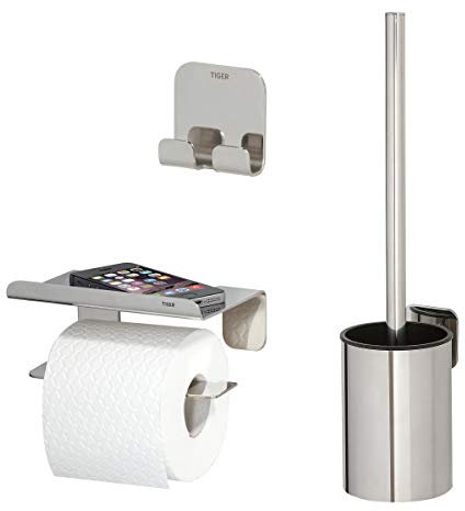 Tiger Colar Badaccessoire-Set, 3-teilig, bestehend aus Toilettenpapierhalter mit Ablage, Haken und WC-Bürste zur Wandbefestigung, Montage ohne Bohren dank integrierter Klebefolie, Edelstahl poliert