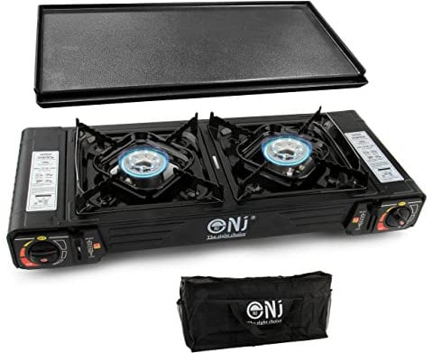 NJ DS-22 Double Camping Stove - 2 Burner Portable Butane Gas Cooker Carry Bag Grill Plate BBQ Outdoor