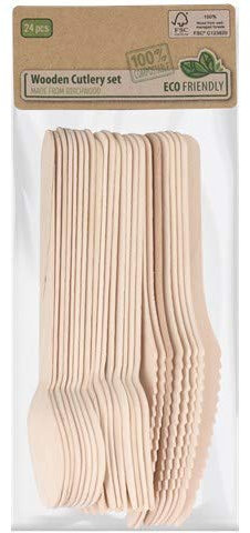 AM Lot de 24 couverts jetables en bois 100 % naturel comprenant 8 couteaux, fourchettes et cuillères