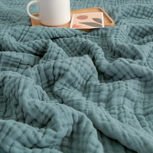 EMME Musselin Sommerdecke 100% Baumwolle Überwurf Decken für Couch atmungsaktiv Gaze Decke alle Jahreszeiten weich und leicht vorgewaschene Baumwolldecke (Blaugrün, 127 x 177 cm)