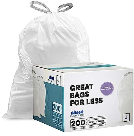 Plasticplace White Drawstring Lavender and Soft Vanilla Scented Garbage Can Liners │Code J Compatible (200 Count) │ 10-10.5 Gallon / 38-40 Liter │ 21 x 28