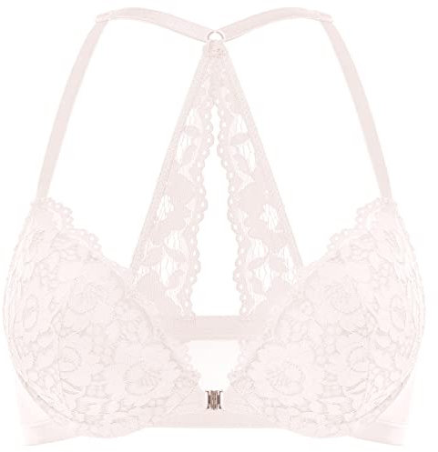 DOBREVA Damen Vorderverschluss BH mit Bügel Push Up Spitzen Neckholder BHS Racerback Tiefer Ausschnitt Gepolsterter Rose White 85D