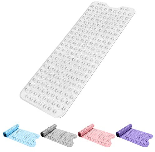 Bath Mat Non Slip Anti Mould 100x40cm - Extra Large Shower Mats with Suction Cups and Drain Holes, Rubber Bathtub Mat for Bathroom, Machine Washable (Transparent White)