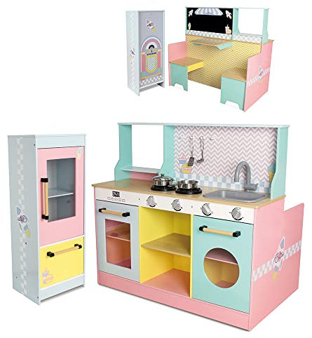 DEQUBE -Cocina Restaurante de Madera 4 módulos 2 en 1 con luz y Sonido -con Todo lo Necesario de una Cocina y de un Restaurante con Asientos y Mesa -con Accesorios metálicos - 90X81X82 cm (913D00015)