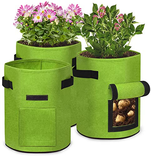 XMTECH 3 Stück 27L Kartoffelsack Pflanzsack aus Vliesstoff, 7 Gallonen Ф30cm Pflanztasche Pflanzgefäß mit Tragegriffe, Pflanzsäcke für Balkon Pflanze und Gemüse (Grün)