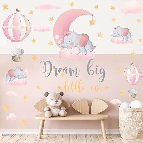 KAIRNE Rosa Babyzimmer Wandsticker,Baby Elefant Wandtattoo,Wandtattoo Kinderzimmer Mädchen,Heißluftballon Wandaufkleber,Tiere Kinder Warme Zitate Wandsticker Mädchen Schlafzimmer Wanddeko Geschenk