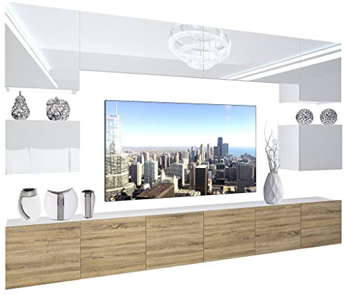 BELINI Wohnwand Vollausstattung Wohnzimmer-Set Moderne Schrankwand mit LED-Beleuchtung Anbauwand TV-Schrank Weiß/Sonoma Eiche