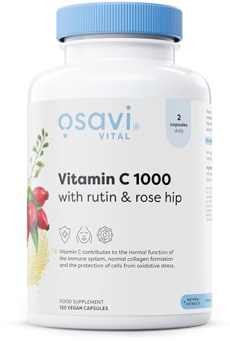 Osavi Vitamin C 1000 with Rutin & Rose Hip – 120 Vegan Capsules | Buffered Calcium Ascorbate | Supports Immunity, Collagen Formation & Iron Absorption | Gentle on the Stomach