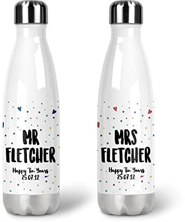 WOWZ DESIGN & PRINT DESIGN LTD Personalised Mr & Mrs Reusable Bottle Set, 10 Year Anniversary, Personalised Gift Set, Tin Years, Personalised Camping Gift