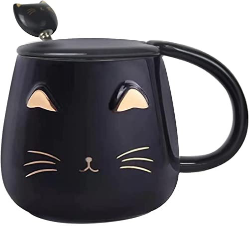 Aaliyahh Taza Linda del Gato Taza de café de cerámica con Cuchara de Acero Inoxidable para Gatitos,Animales 3d Tazas de gatos para amantes de los gatos Mujeres Regalos (Negro)