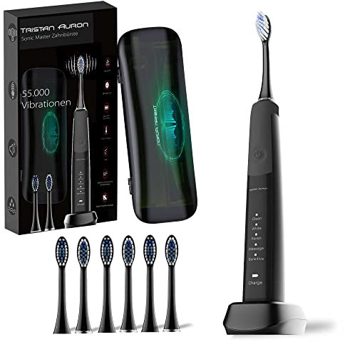 Tristan Auron Schallzahnbürste - 55.000 Vibrationen, 5 Modi - 60 Tage Akku, Reiseetui mit UV Reinigung, 6 Bürstenköpfe - elektrische Zahnbürste SonicMaster schwarz