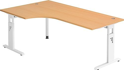 bümö höhenverstellbarer Eckschreibtisch O-Serie 200x120 cm in Buche, Gestell in weiß - Schreibtisch L Form, großer Tisch für's Büro, Computertisch höhenverstellbar