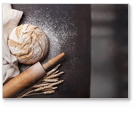 DEQORI Schneidebrett aus Glas | groß 40x30 cm | Motiv Brot mit Nudelholz | Design Schneideplatte für Küche | Frühstücksbrett antibakteriell & rutschfest | Glasplatte & Servierplatte