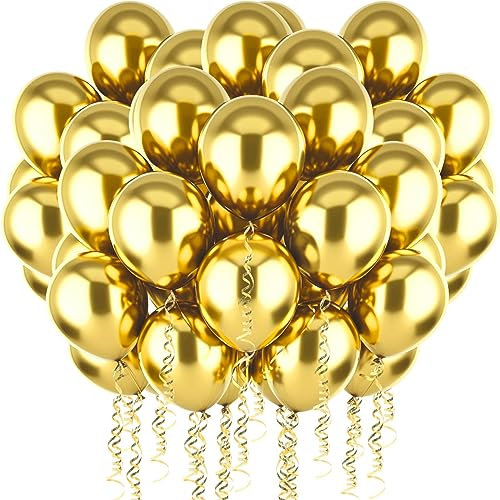 PuretéavHom 60 Stück Luftballons Gold Helium Ballons mit 3 Rollen farbiger Bänder 12 Zoll Luftballon Latexballons Metallic Luftballons für Geburtstagsdeko Hochzeit Taufe Deko Partydeko