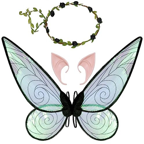 Jeackcelle Alas de hadas para niñas y mujeres, alas de mariposa para adultos, disfraz de Halloween, alas de ángel con diadema, orejas de elfo, disfraz de fiesta de cosplay (negro)