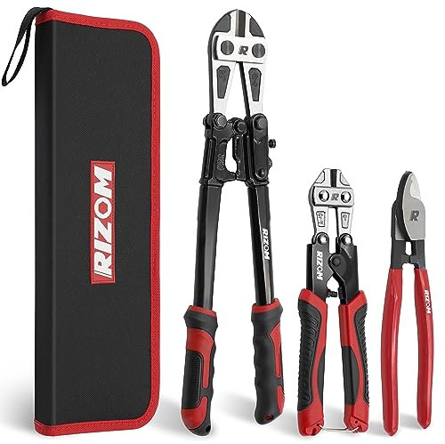 RIZOM 3-Piece Bolt Cutter Pliers Set, 14 Heavy Duty Bolt Cutter, 8 Mini Bolt Cutter, 8 Wire Cable Cutter with Carrying Bag, Cr-V Blade for Cutting Locks, Steel Wire, Barbed Wire, Chains