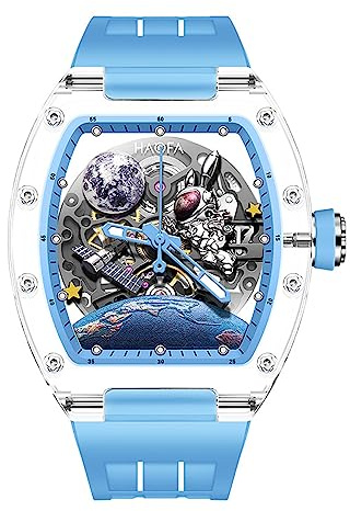 Haofa 3D Interstellares Raumschiff Mechanische Uhr für Herren, Automatische Hohle Transparente Glasgehäuse-Uhr Wasserdicht, Leuchtende Mond-Kaninchen-Herrenuhr Lässige Mode 2320