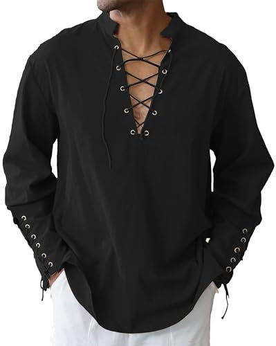 LVCBL Herren Mittelalter Hemd Herren Leinenhemd Langarm Renaissance Viking Shirts Schwarz M