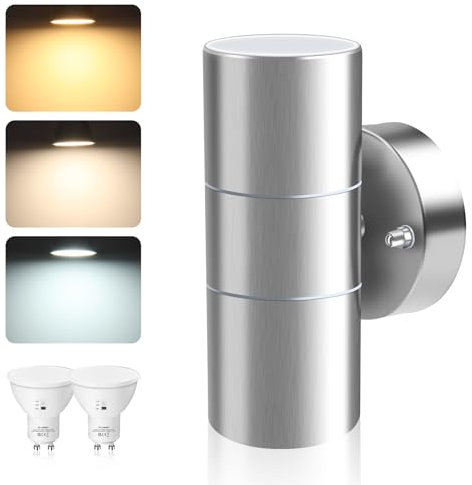 ALUSSO LIGHTING Applique Murale Exterieur 8W 750LM Up Down Acier Inoxydable Eclairage Exterieur, avec LED Ampoules GU10 3000K 4000K 6000K Réglable, IP65 Étanche Lampe Jardin Terrasse Garage, Argent