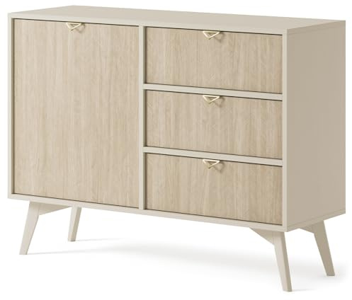 Wohnzimmeranrichte Forest 106 cm, Wohnzimmerkommode, Beistelltisch, Kommode mit Füßen, Sideboard mit Füßen, Eukalyptus Beige (Beige)
