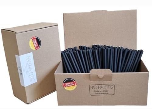NACHHALMTIG Lot de 250 pailles courtes en papier, noires, 8 x 145 mm, fabriquées en Allemagne