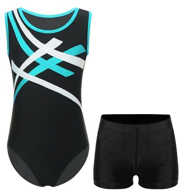 HULIJA Jungen Gymanstikanzug Ärmellos Sportbody mit Kurze Hose Turnanzug Jogginganzug Gymnastik Wettbewerb Bekleidungsset Blau Grün & Schwarz 122-128
