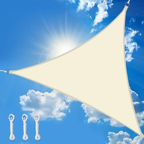 wiipara 5x5x5m Sonnensegel Dreieck, Wasserdicht Sonnenschutz Segeltuch Sunsegel, 95% UV Schutz, Regenschutz, Premium Polyester Sonnensegel für Balkon Terrasse Garten, inkl. Befestigungsseile (Creme)