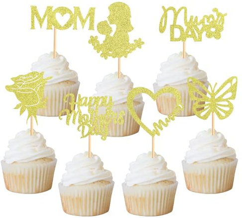 14Pcs Happy Mother's Day Cupcake Toppers Glitter Mum's Day Love Mum Cake Decorations Rose Butterfly Best Mom Ever Heart Cupcake Toppers for Best Mom Party Decorations (Gold)