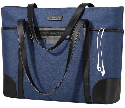 Chase Chic Laptop Handtasche Damen, Groß Wasserdicht 15.6 Zoll Laptop Tasche Arbeitstasche, Elegante Shopper Tote Bag für Business Büro Schule Einkauf Arbeit mit Gepäckband(Blau)